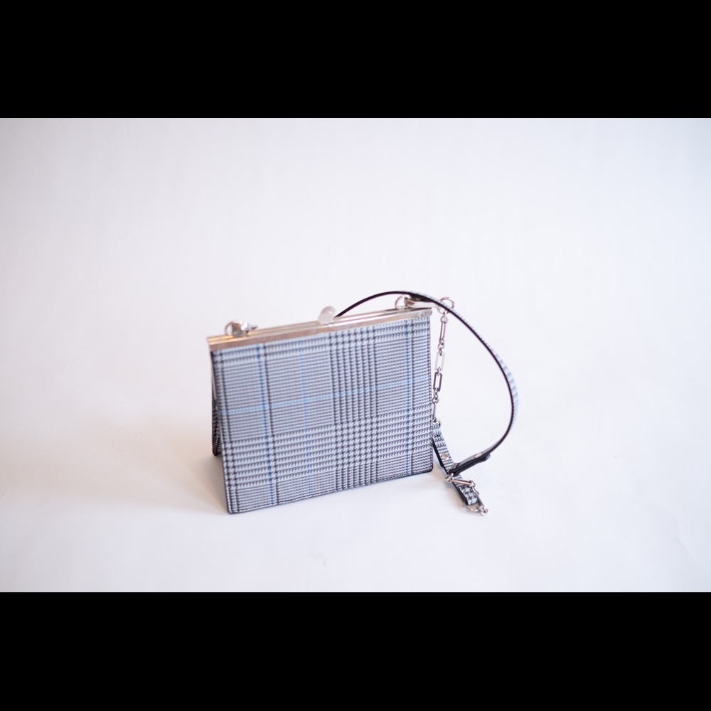 Blue plaid clam closure shoulder bag purse